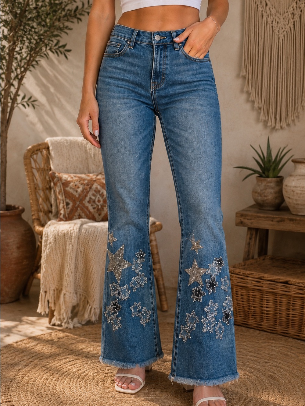 Johnny Was Blue Embellished Star Jeans SZ 29 (982345) ⭐️ 🦋